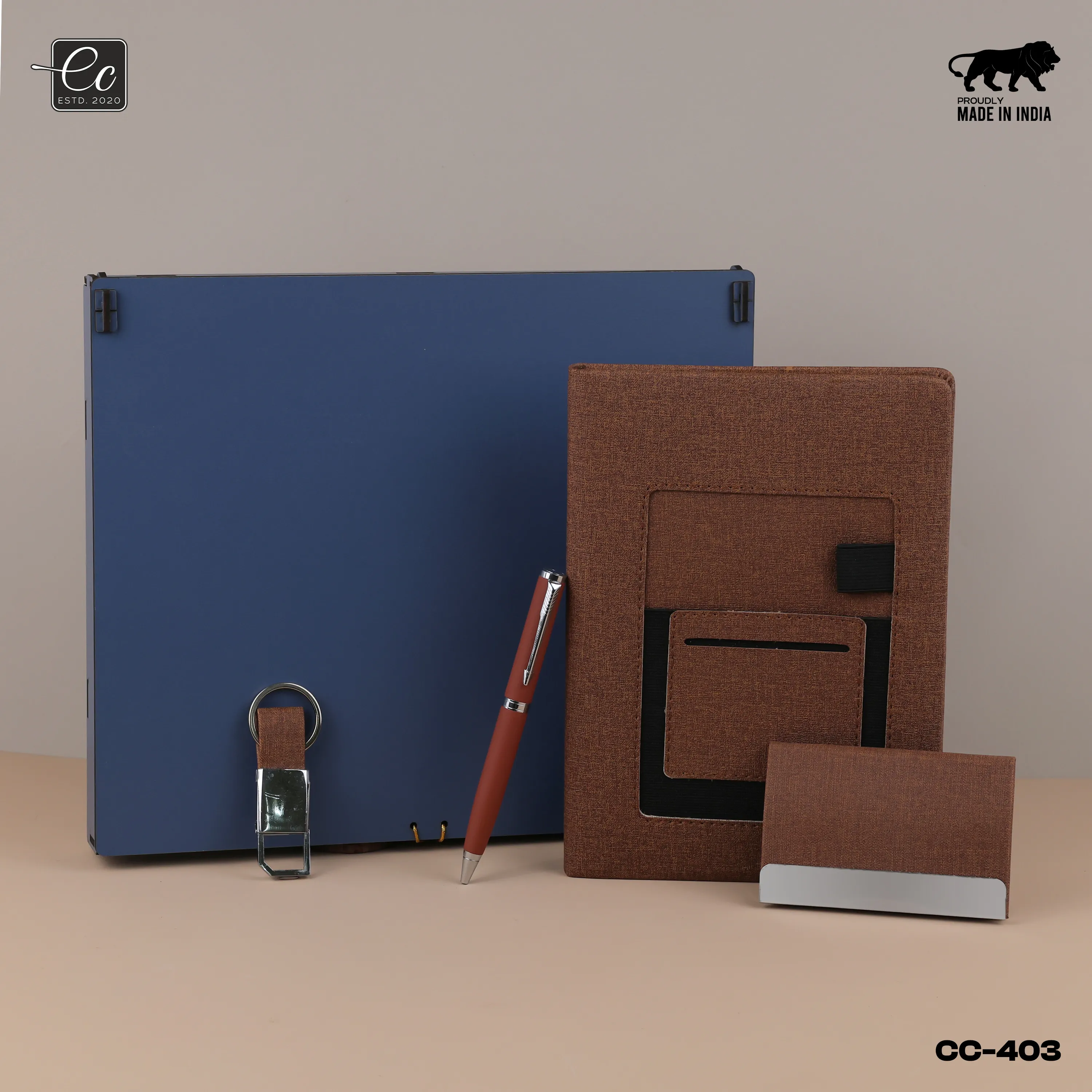 4 in 1 Corporate Gift Set includes Personalized Diary, Pen, Card Holder & Keychain